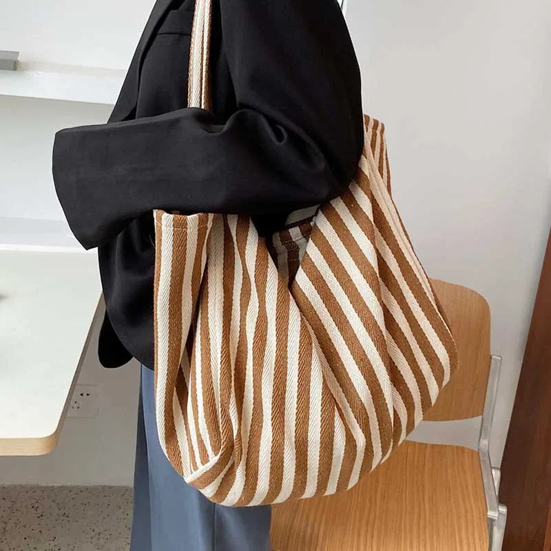 Striped Tote Shoulder Bag for Women Large Capacity Handbag