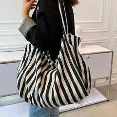 Striped Tote Shoulder Bag for Women Large Capacity Handbag