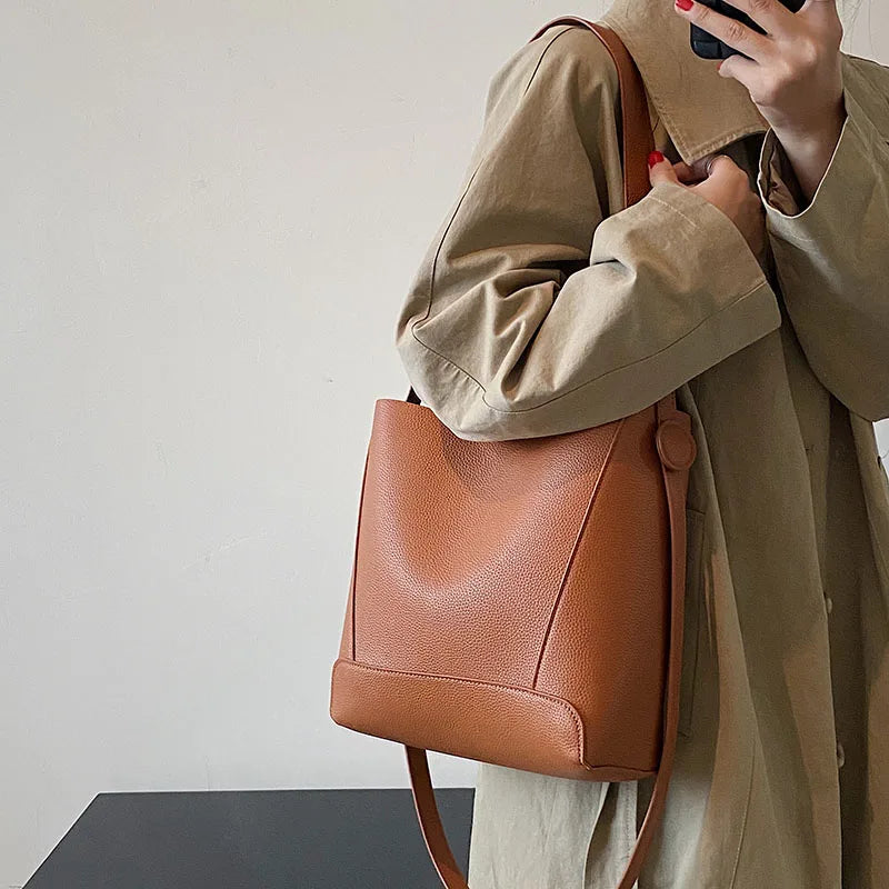 Fashionable Women Shoulder Bags Portable Bucket PU Leather