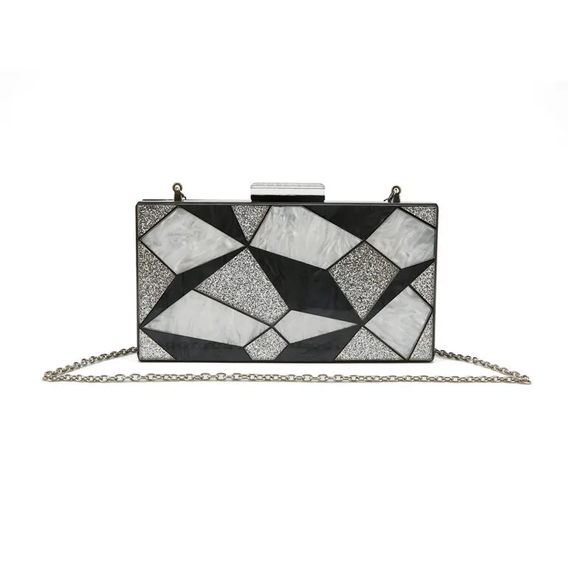 Vintage Pearlescent Acrylic Evening Bag Silver Sequins Clutch Patchwork Handbag