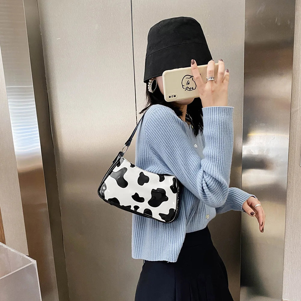 Flower Cow Print Underarm Bag For Women