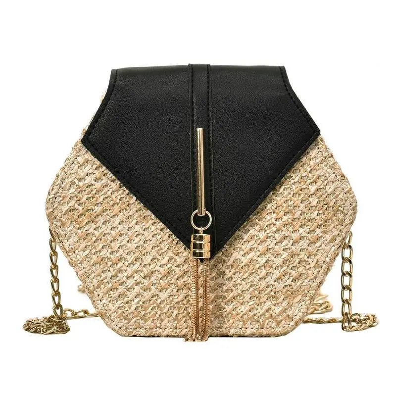 Hex Straw+PU Shoulder Handbags Women Top-handle Summer Beach Boho Bag