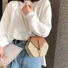 Hex Straw+PU Shoulder Handbags Women Top-handle Summer Beach Boho Bag