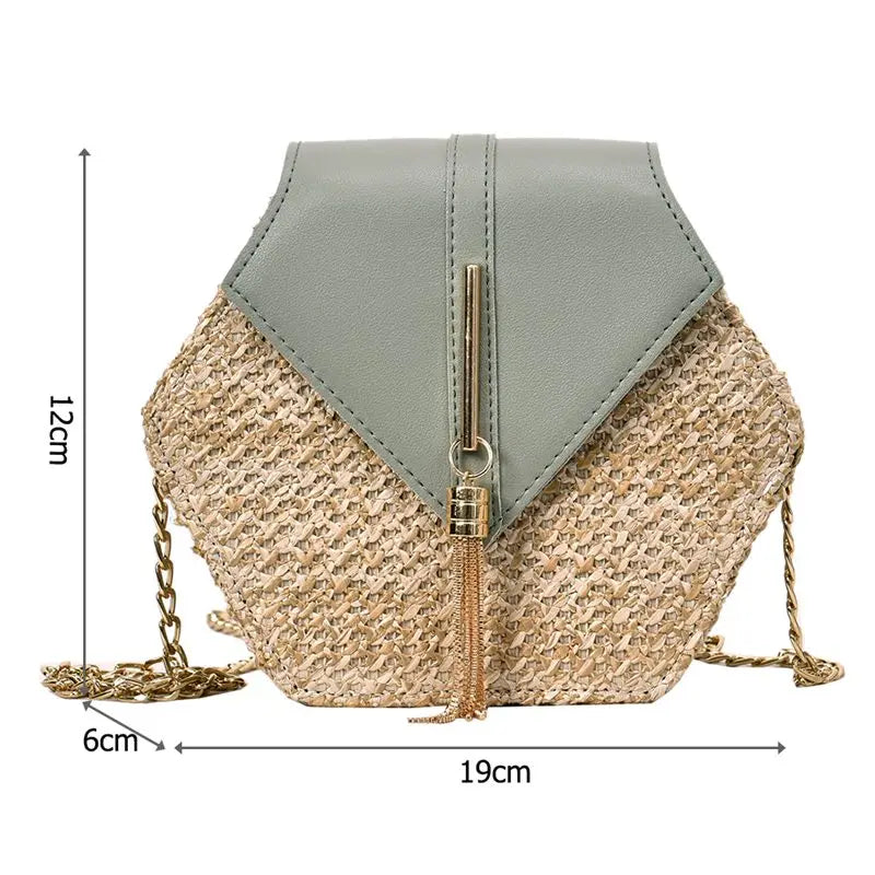 Hex Straw+PU Shoulder Handbags Women Top-handle Summer Beach Boho Bag