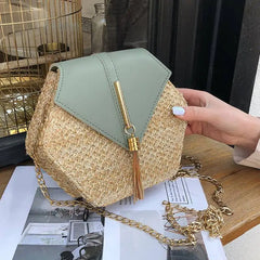 Hex Straw+PU Shoulder Handbags Women Top-handle Summer Beach Boho Bag