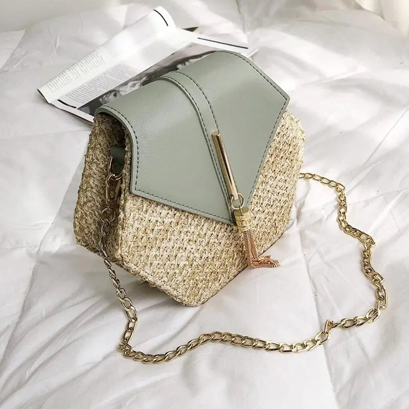 Hex Straw+PU Shoulder Handbags Women Top-handle Summer Beach Boho Bag