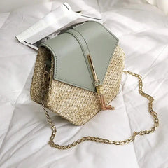 Hex Straw+PU Shoulder Handbags Women Top-handle Summer Beach Boho Bag