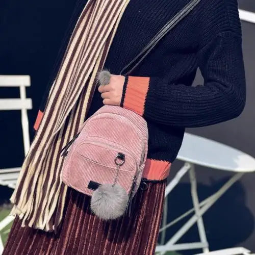Women Corduroy Solid Backpack Shoulder Bag Plush Ball Travel Handbag