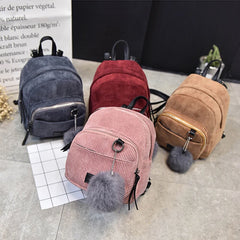 Women Corduroy Solid Backpack Shoulder Bag Plush Ball Travel Handbag
