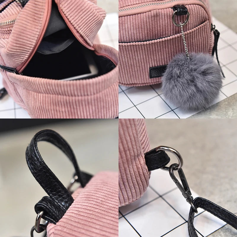 Women Corduroy Solid Backpack Shoulder Bag Plush Ball Travel Handbag