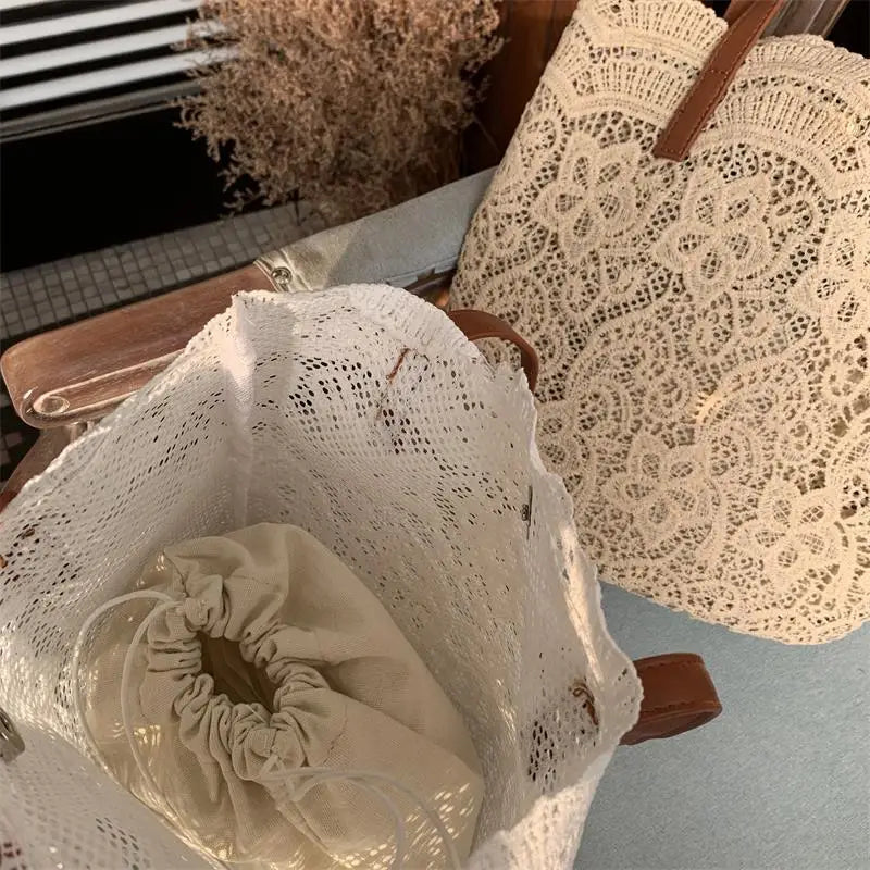 Lace Flowers Women Shoulder Bag Large-capacity Tote Beach Vacation Bols