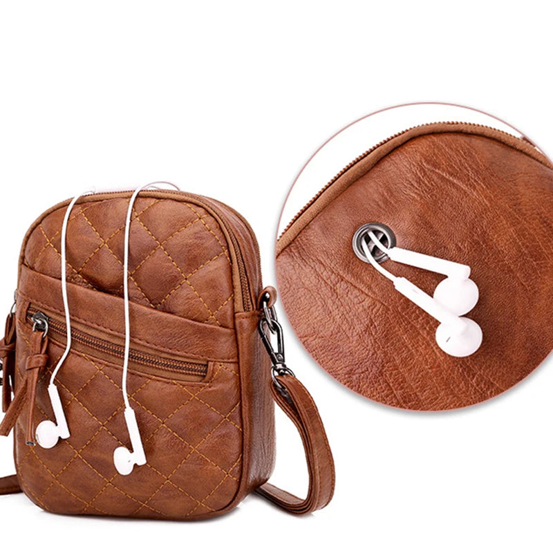 Ladies Soft Leather Shoulder Bag Diamond Multi-layer Retro Mobile Phone Bags