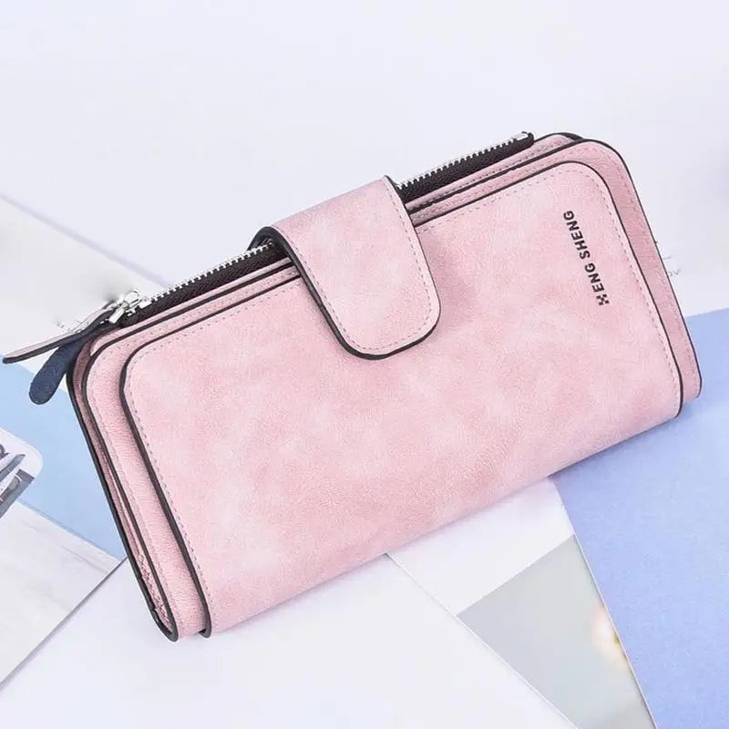 Women's Three-fold Long Wallet with Buckle Closure