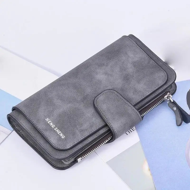 Women's Three-fold Long Wallet with Buckle Closure