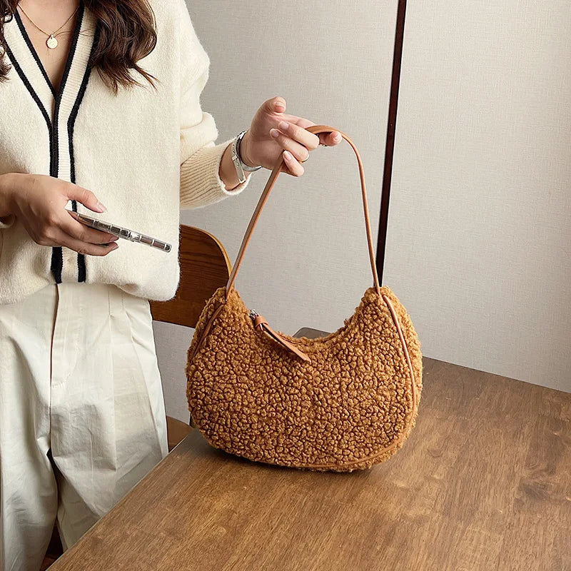 Soft Lambswool Shoulder Bag for Women Winter Handbags Plush Half Moon