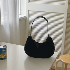 Soft Lambswool Shoulder Bag for Women Winter Handbags Plush Half Moon