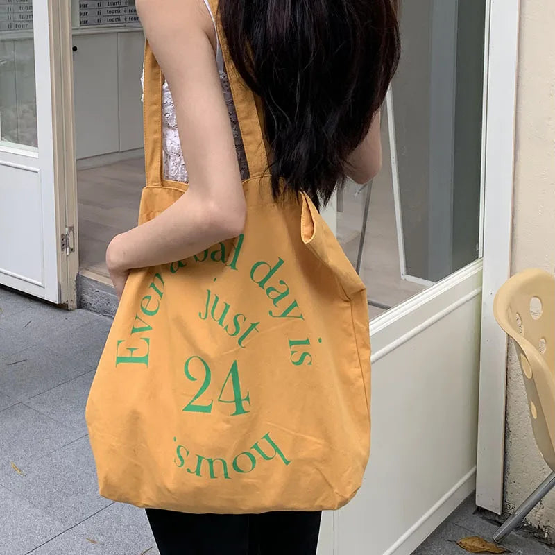 Large-Capacity Canvas Letter Print Shoulder Tote Handbag