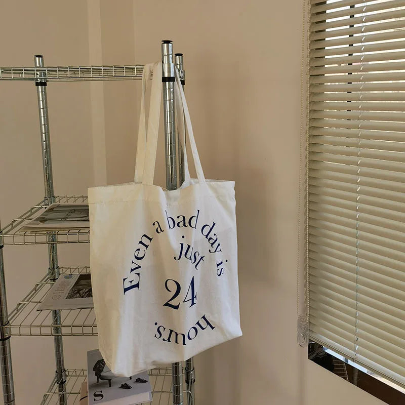 Large-Capacity Canvas Letter Print Shoulder Tote Handbag