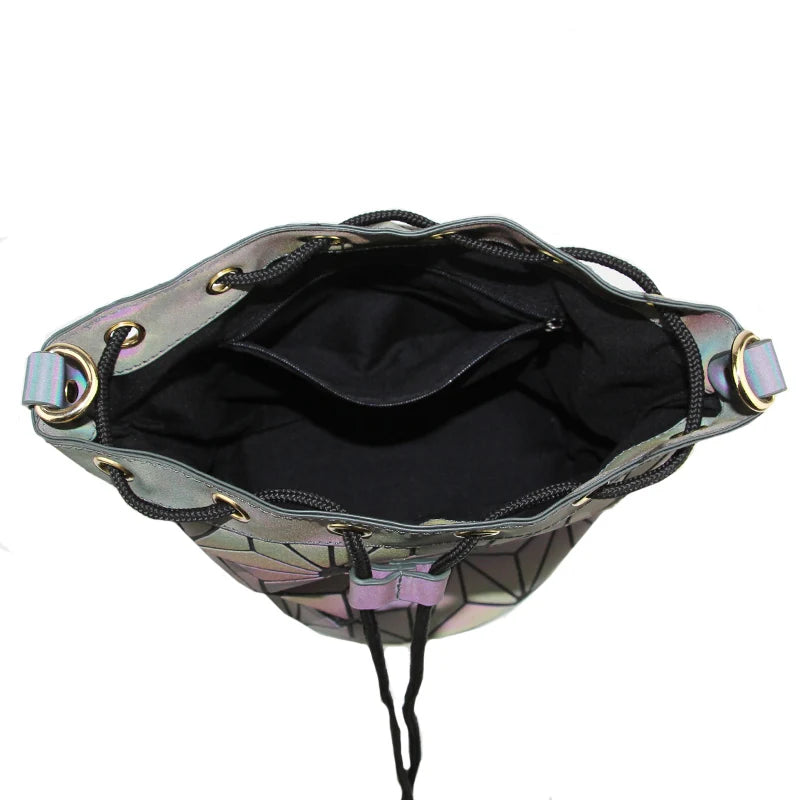 Women Drawstring Bucket Bags Geometry Plaid Shoulder Bags