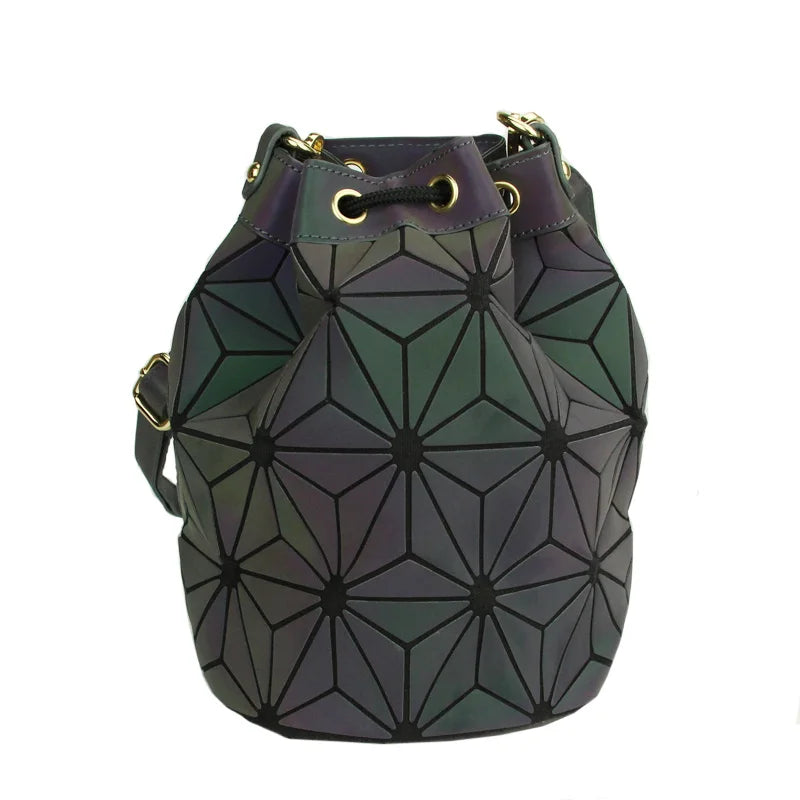 Women Drawstring Bucket Bags Geometry Plaid Shoulder Bags