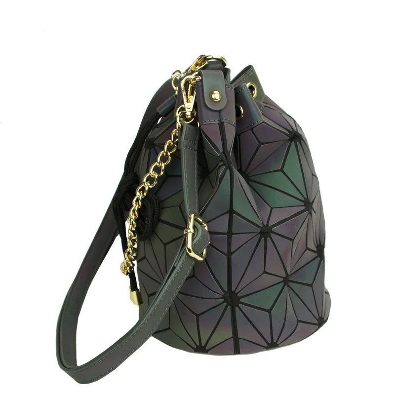 Women Drawstring Bucket Bags Geometry Plaid Shoulder Bags