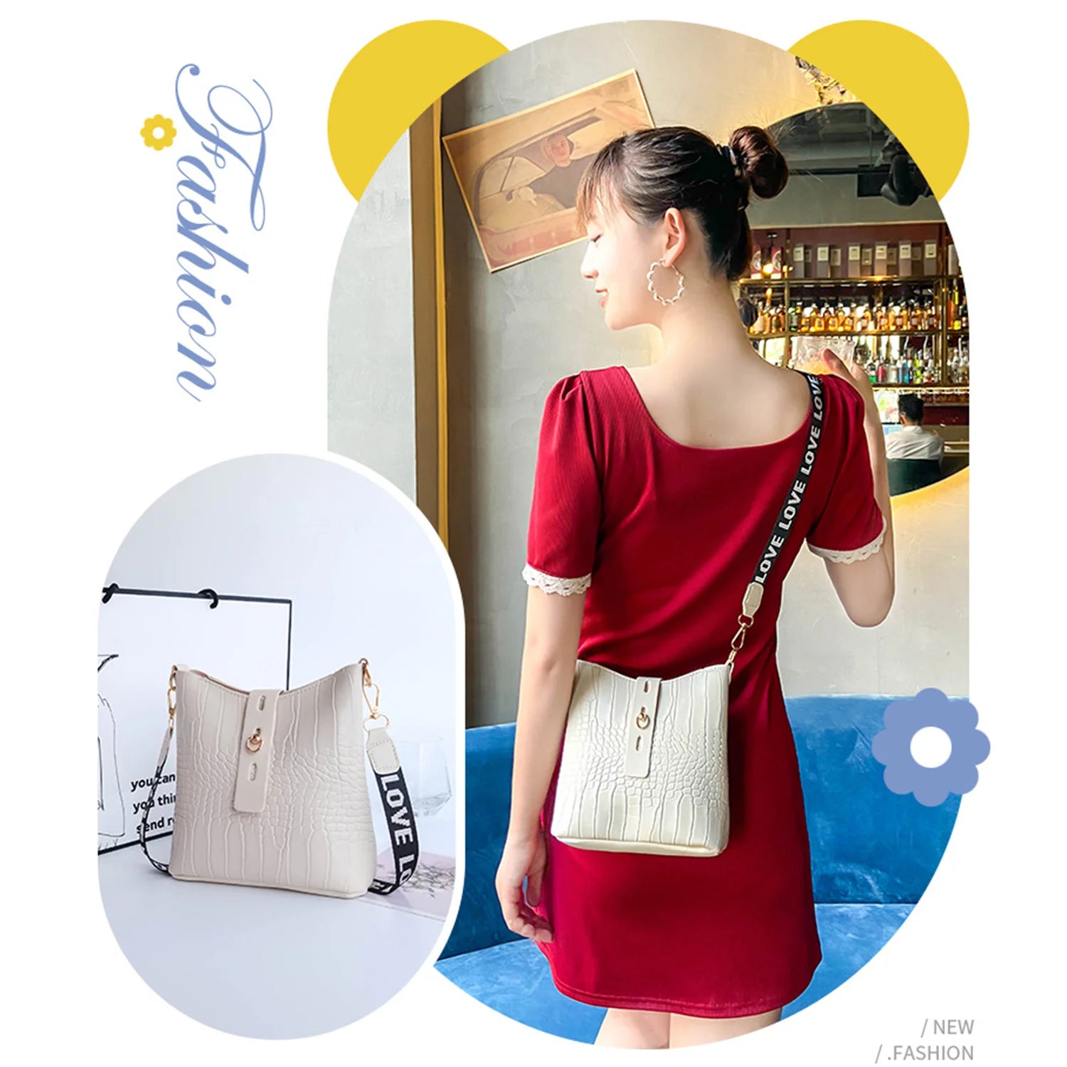 Women's Bucket Bags PU Leather Crossbody Shoulder Bag Crocodile Messenger Bags