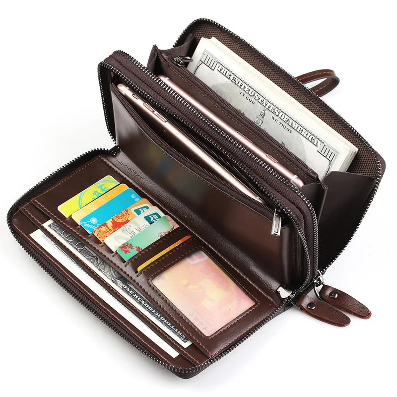 Men Business Wallet Leather Long Clutch Handy Bag Male Double Zipper Purse