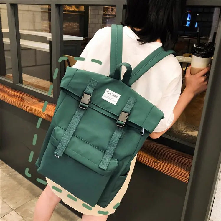 Nylon Waterproof Casual Student Backpack Harajuku Style Solid Buckle Bag