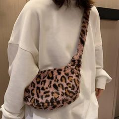 Leopard Shoulder Bag Winter Plush Small Crossbody Soft Women Handbag