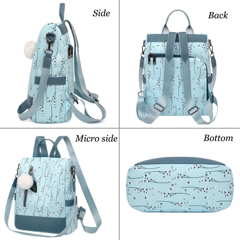 Floral Backpack Women Hairball Rucksack Student Bookbags Travel Bag