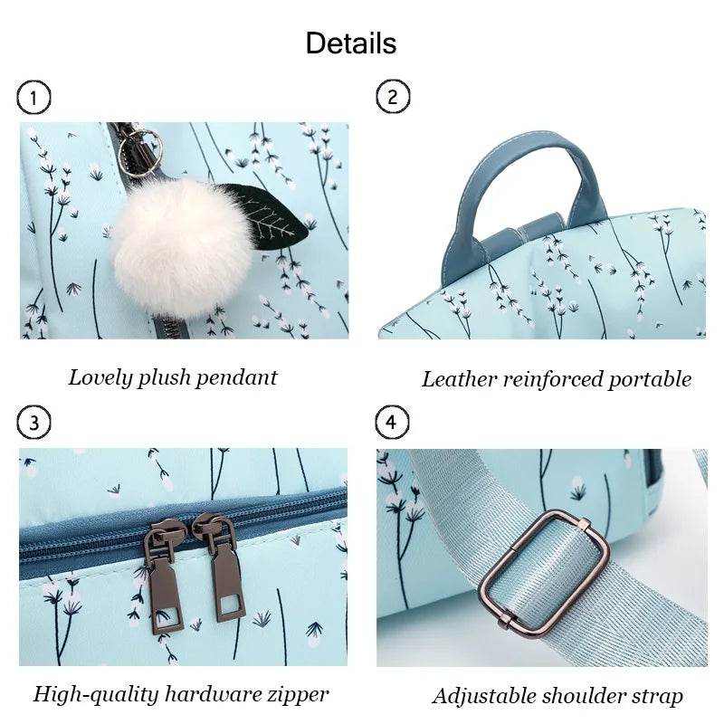 Floral Backpack Women Hairball Rucksack Student Bookbags Travel Bag
