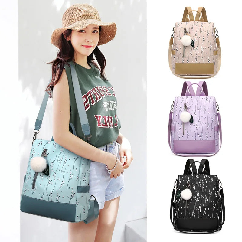 Floral Backpack Women Hairball Rucksack Student Bookbags Travel Bag