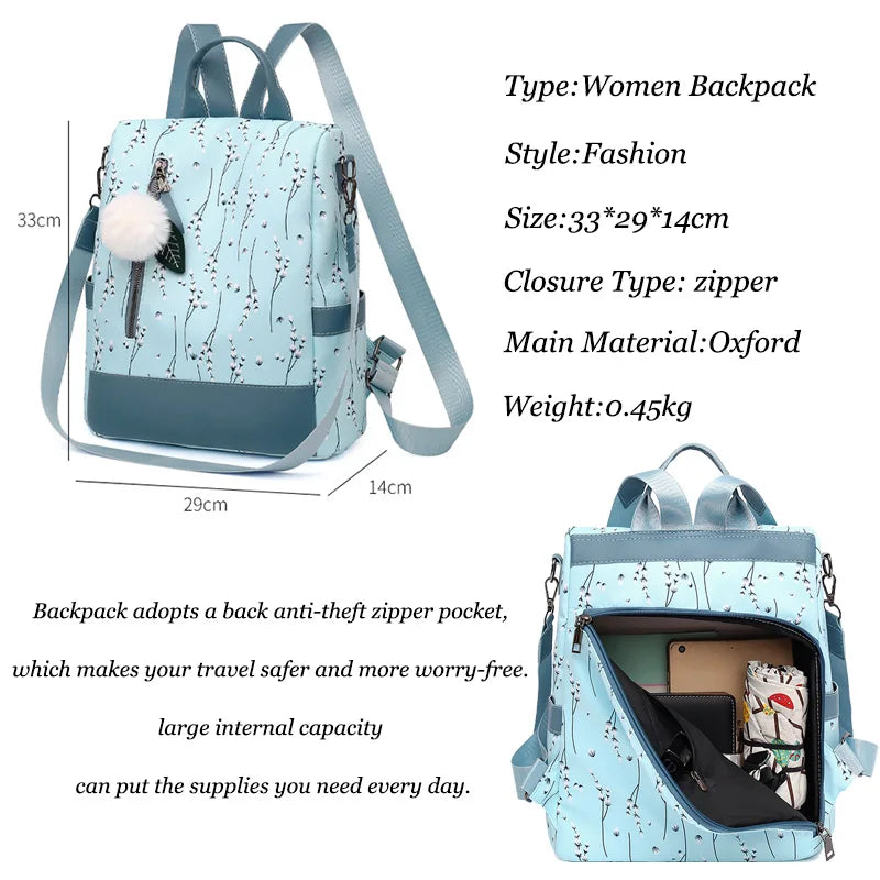 Floral Backpack Women Hairball Rucksack Student Bookbags Travel Bag