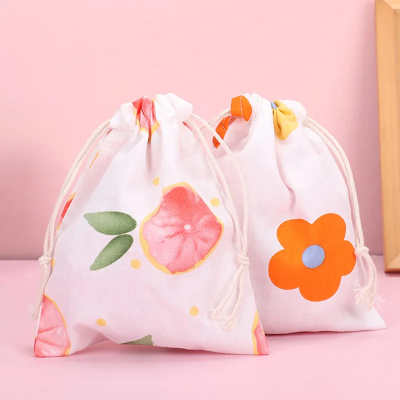 Print Cotton Drawstring Bag Small Size Storage Christmas Gift