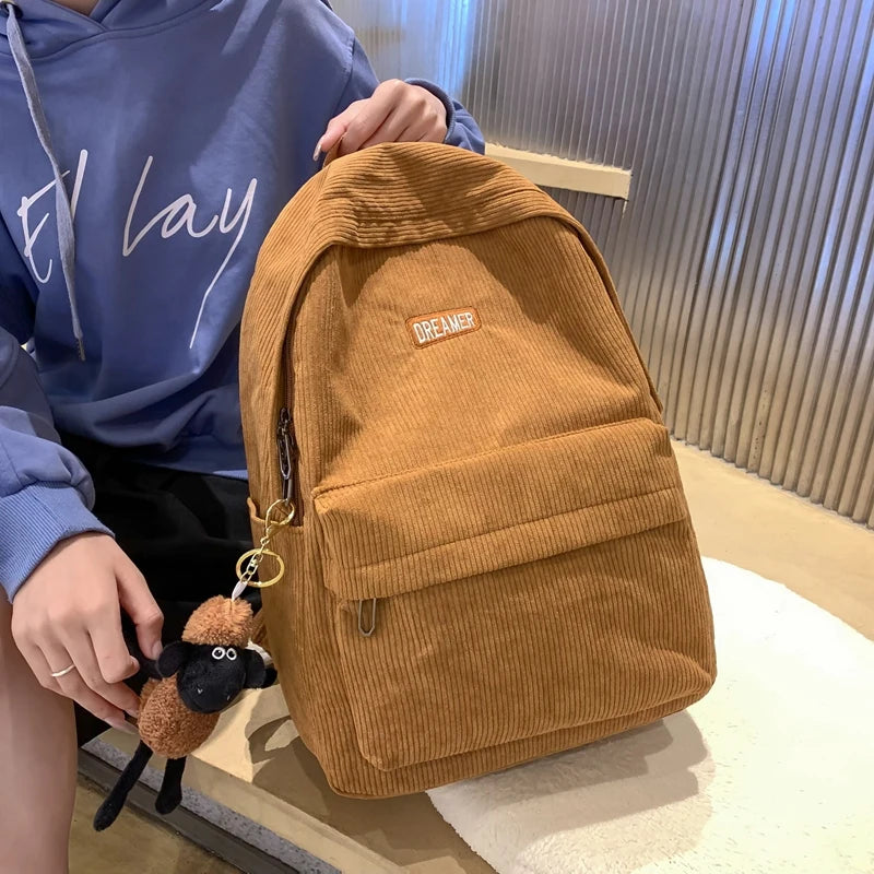 Striped Corduroy Backpack for Teenage Girls, School Bag, Shoulder Bag