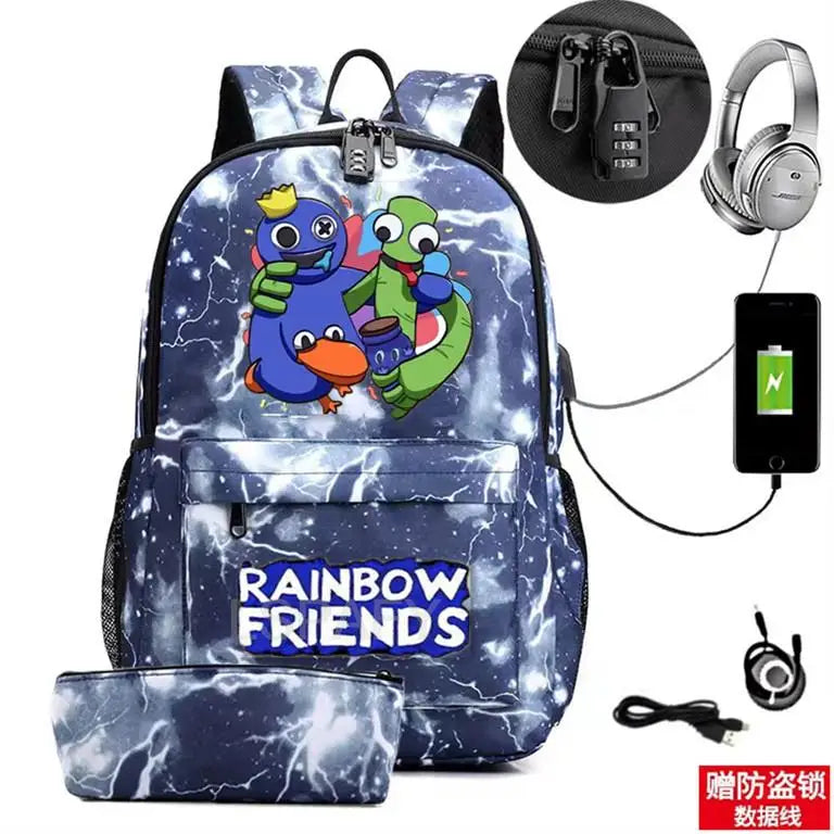 Rainbow Canvas Backpack for Boys Girls Waterproof Anti-Theft USB Bags
