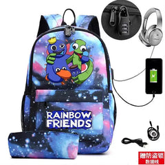 Rainbow Canvas Backpack for Boys Girls Waterproof Anti-Theft USB Bags