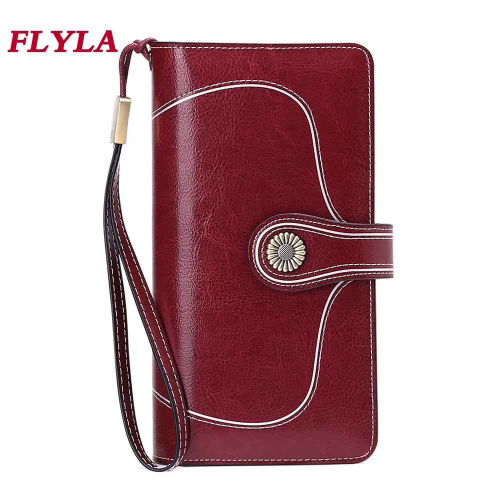 Vintage Oil Wax Leather Women's Wallet Long RFID Clutch
