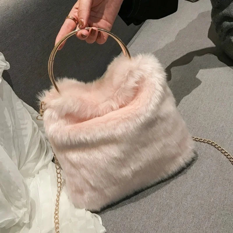 Rex Rabbit Fur Straw Bag Ring Bucket Bag Shoulder Chain Bag