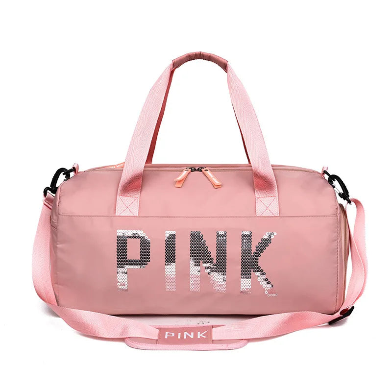 Sequins Pink Gym Bag Women Shoe Compartment Waterproof Sport Bags