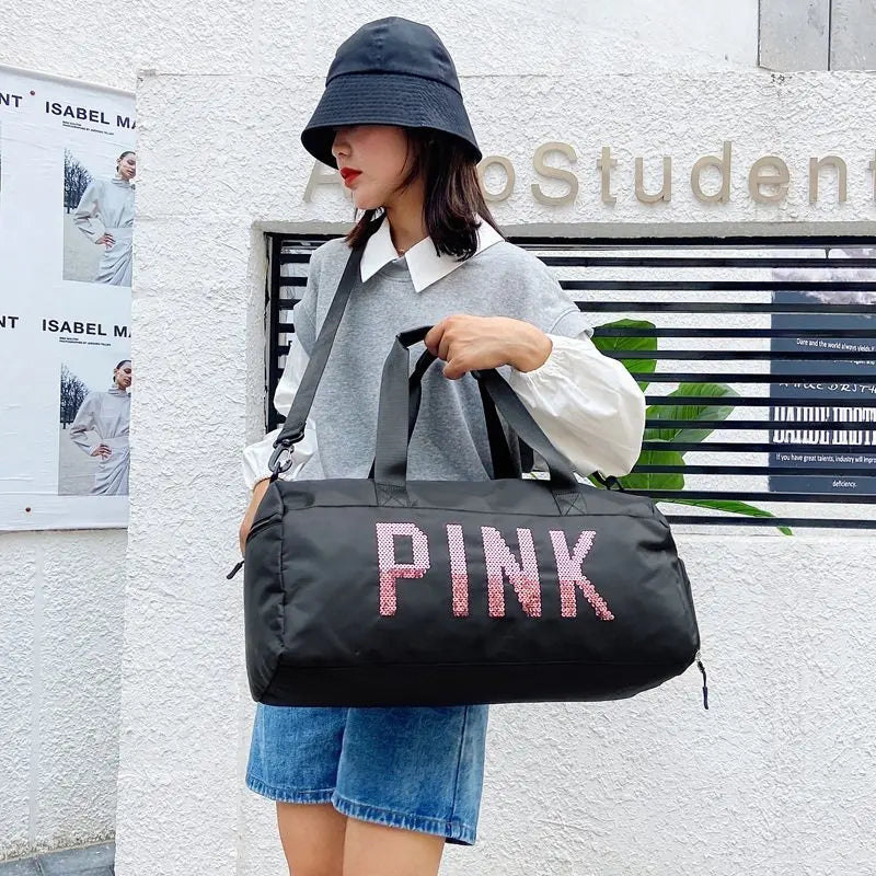 Sequins Pink Gym Bag Women Shoe Compartment Waterproof Sport Bags