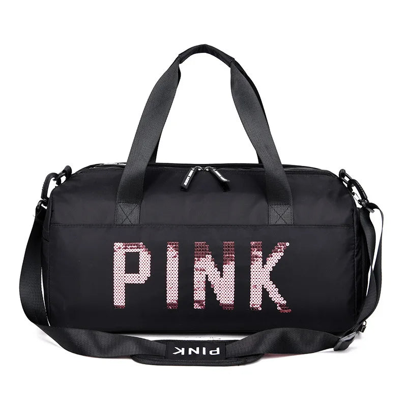 Pink Sequins Gym Bag with Shoe Compartment, Waterproof Sport Bag for Women