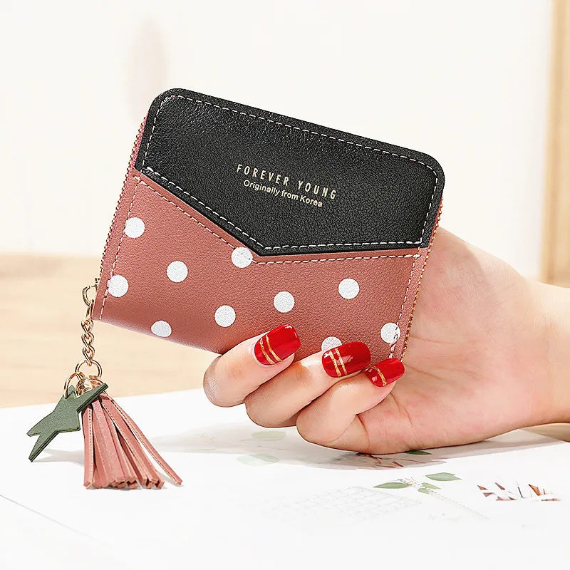 Small Dot Pattern Zipper Wallet Young Girl Style Tassels Purse