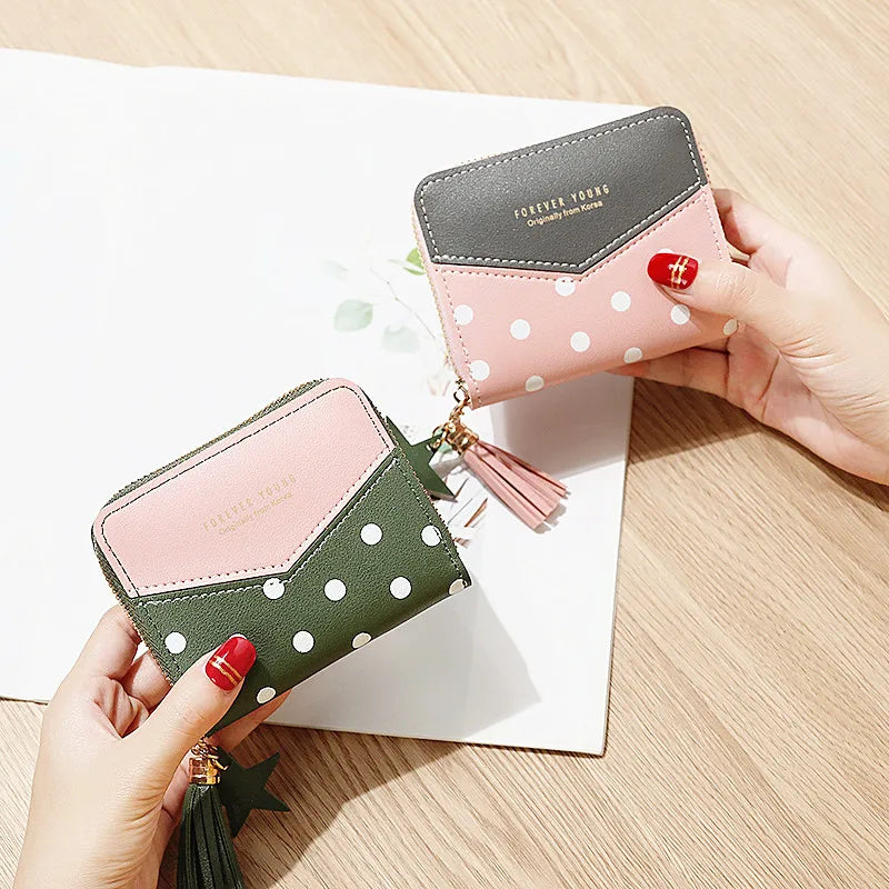 Small Dot Pattern Zipper Wallet Young Girl Style Tassels Purse