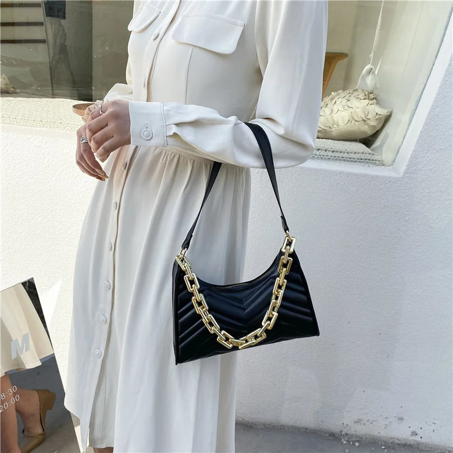 Embossed PU Leather Chain Shoulder Bag Zipper Underarm Bag