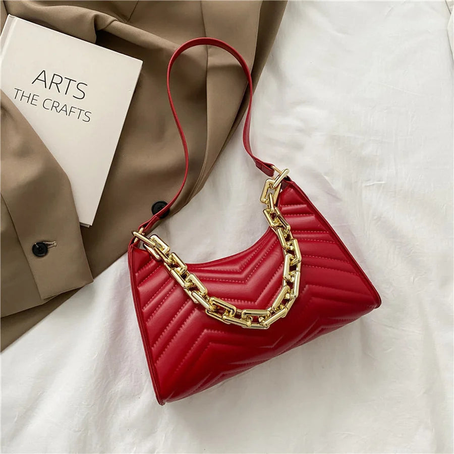 Embossed PU Leather Chain Shoulder Bag Zipper Underarm Bag