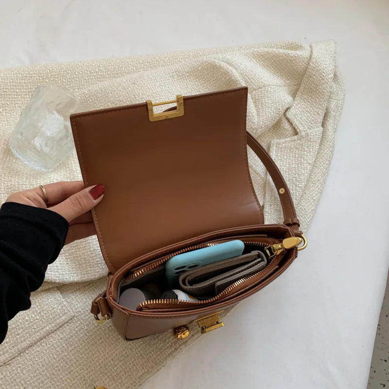 Small PU Leather Saddle Crossbody Bags for Women Solid Color Shoulder Handbag