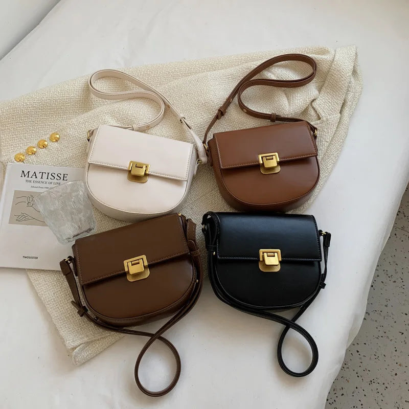 Small PU Leather Saddle Crossbody Bags for Women Solid Color Shoulder Handbag