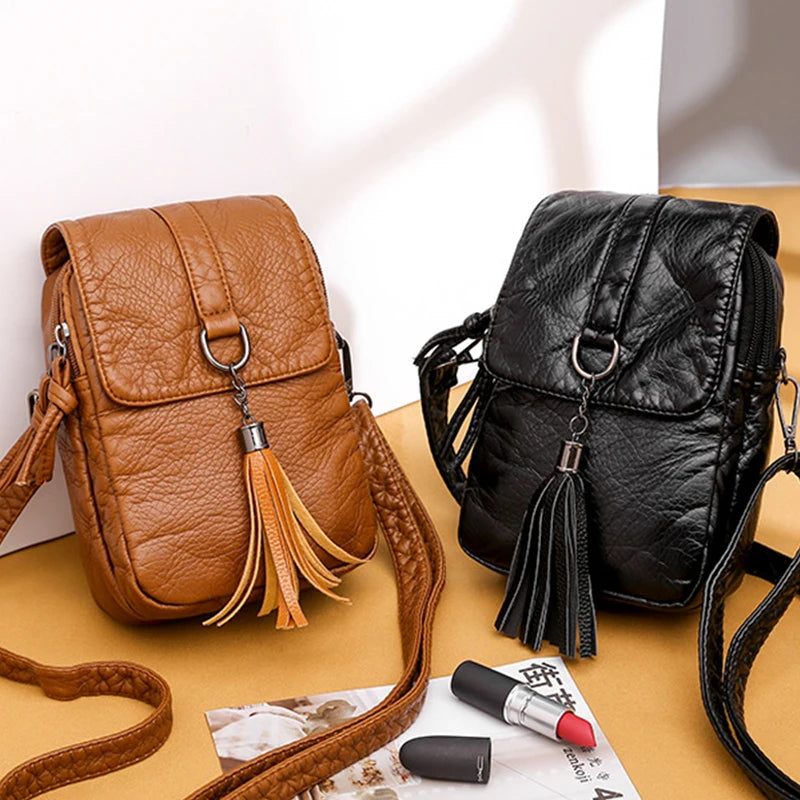 PU Leather Shoulder Bag Crossbody Tassel Purse Mini Messenger