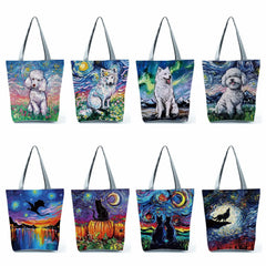 Starry Sky Animal Dog Printed Shoulder Bag Women Large Tote